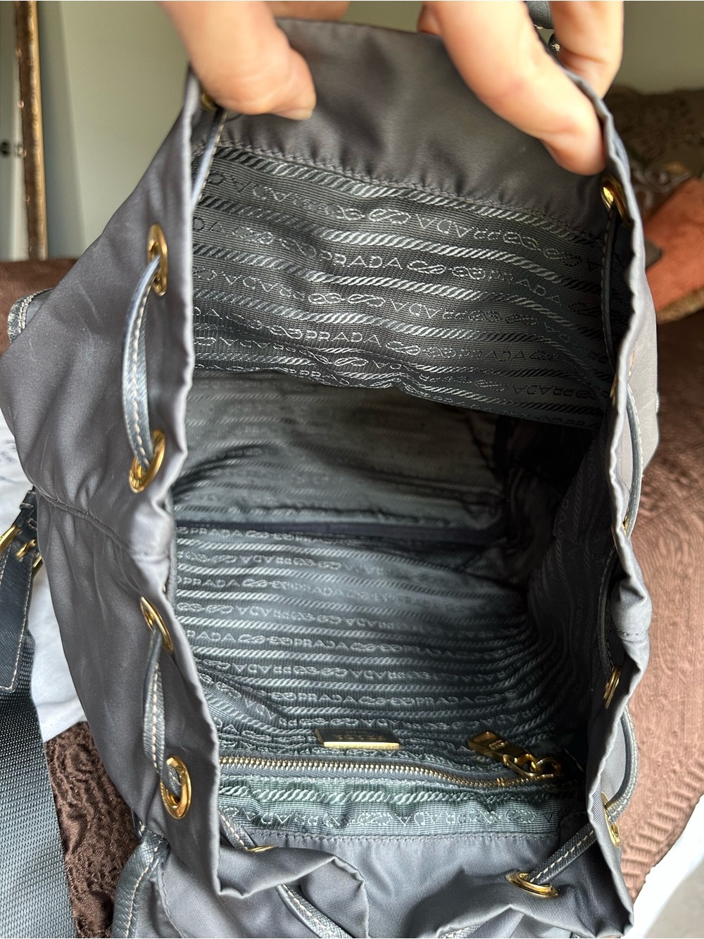 Prada Gray Nylon Drawstring Backpack with Gold Hardware - Picture 6 of 16